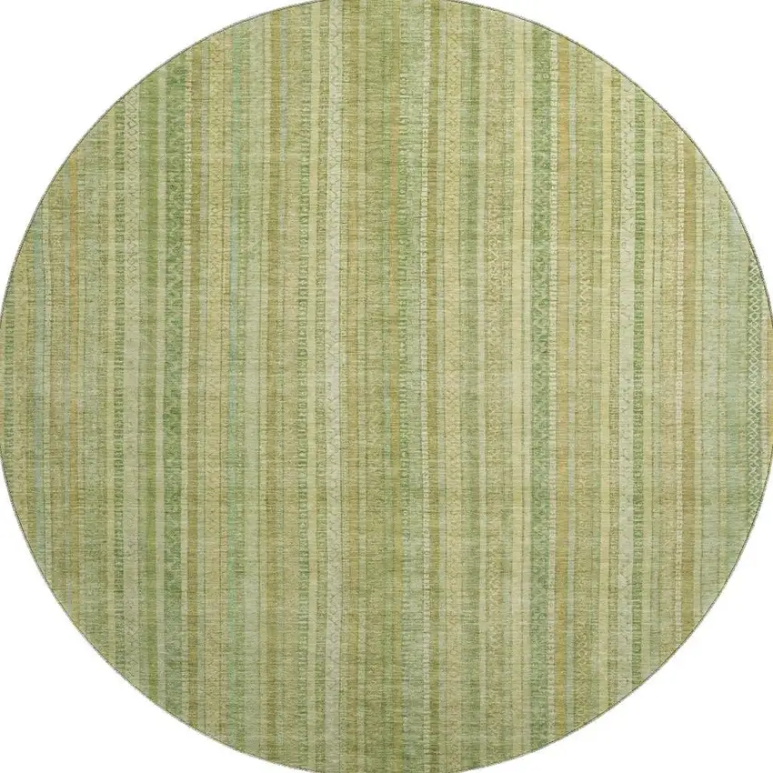 8' Artichoke Green And Gold Striped Washable Round Rug With UV Protection Photo 2