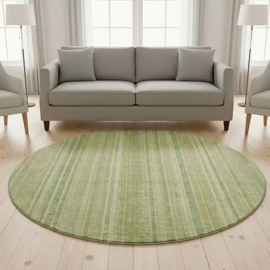 8' Artichoke Green And Gold Striped Washable Round Rug With UV Protection Photo 2
