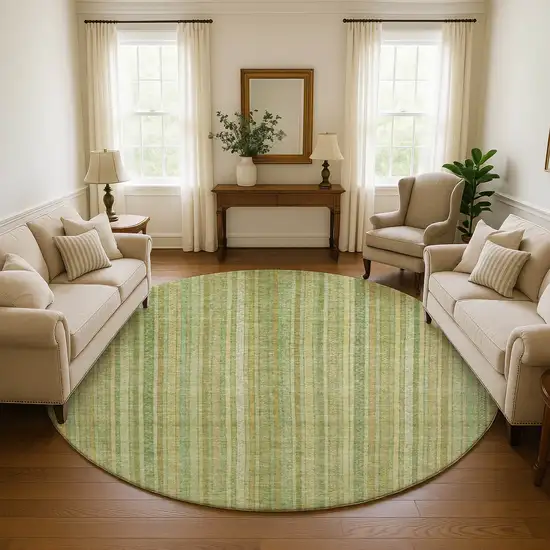 8' Artichoke Green And Gold Striped Washable Round Rug With UV Protection Photo 4