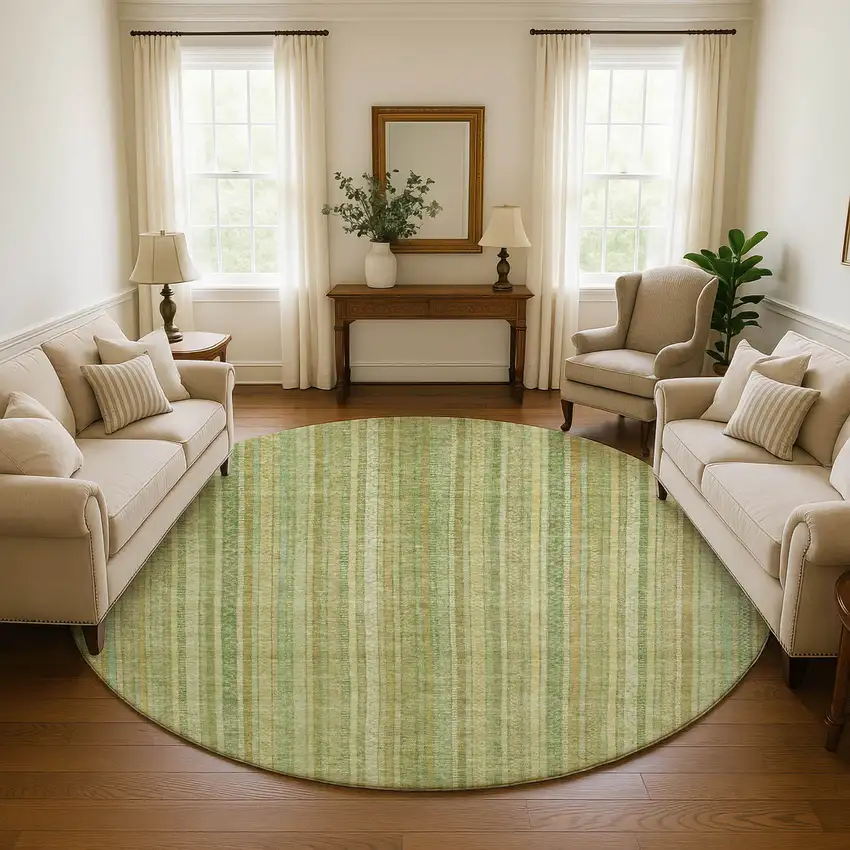 8' Artichoke Green And Gold Striped Washable Round Rug With UV Protection Photo 4