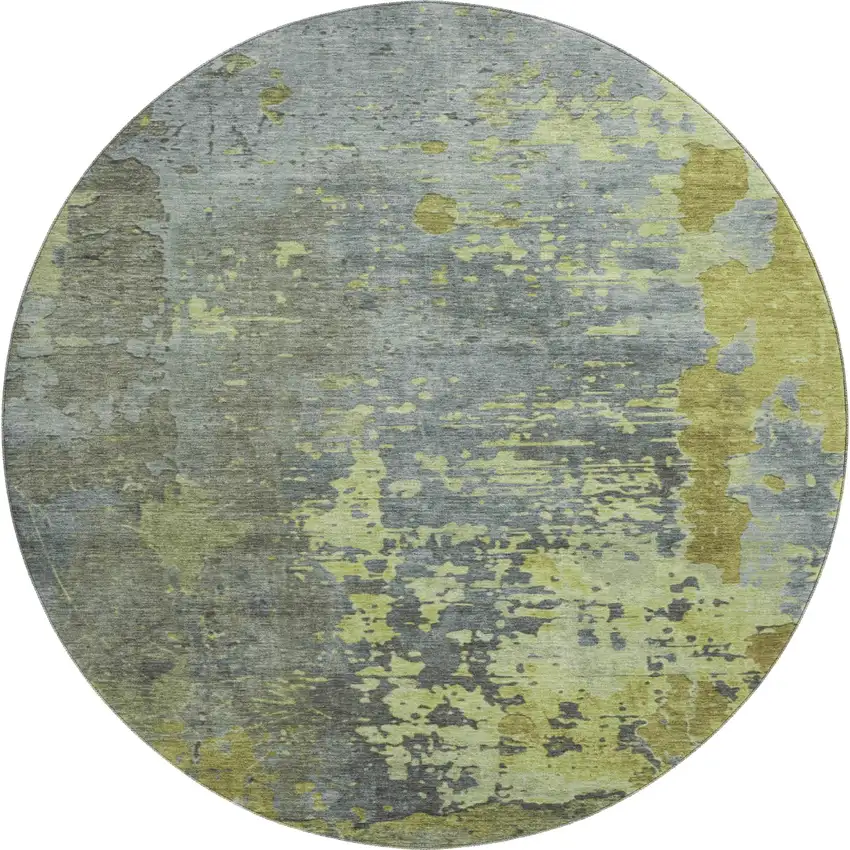 8' Artichoke Green And Gray Abstract Washable Round Rug With UV Protection Photo 1