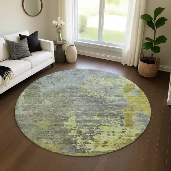 8' Artichoke Green And Gray Abstract Washable Round Rug With UV Protection Photo 4