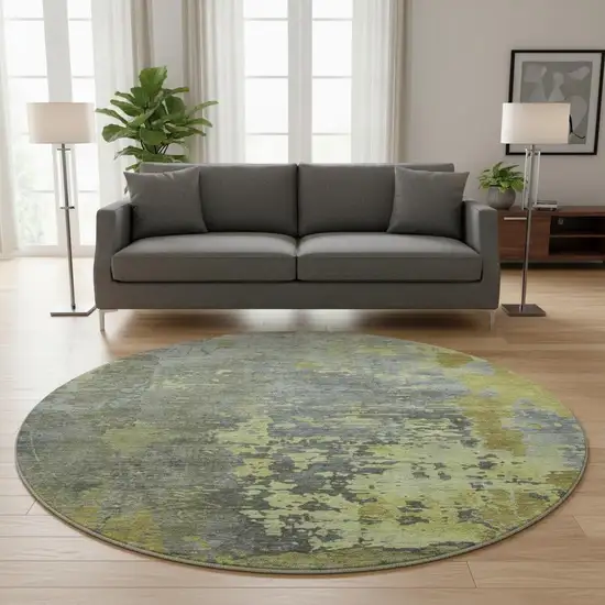 8' Artichoke Green And Gray Abstract Washable Round Rug With UV Protection Photo 2