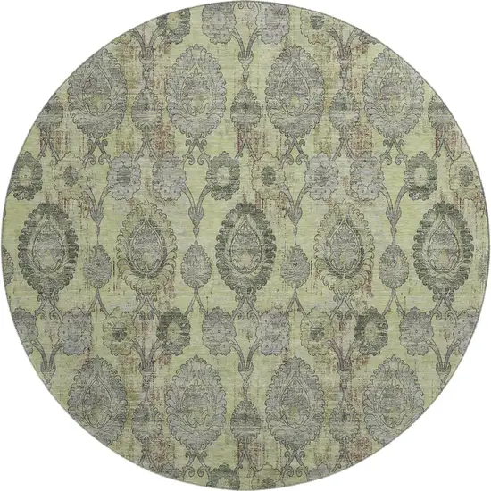 8' Artichoke Green And Gray Damask Washable Round Rug With UV Protection Photo 1