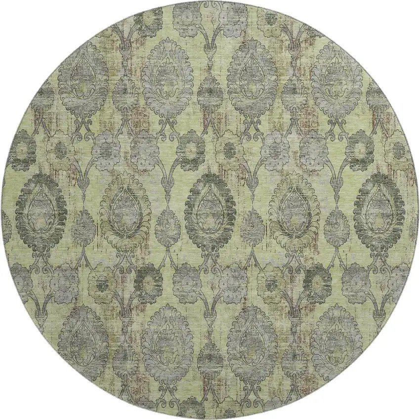 8' Artichoke Green And Gray Damask Washable Round Rug With UV Protection Photo 1