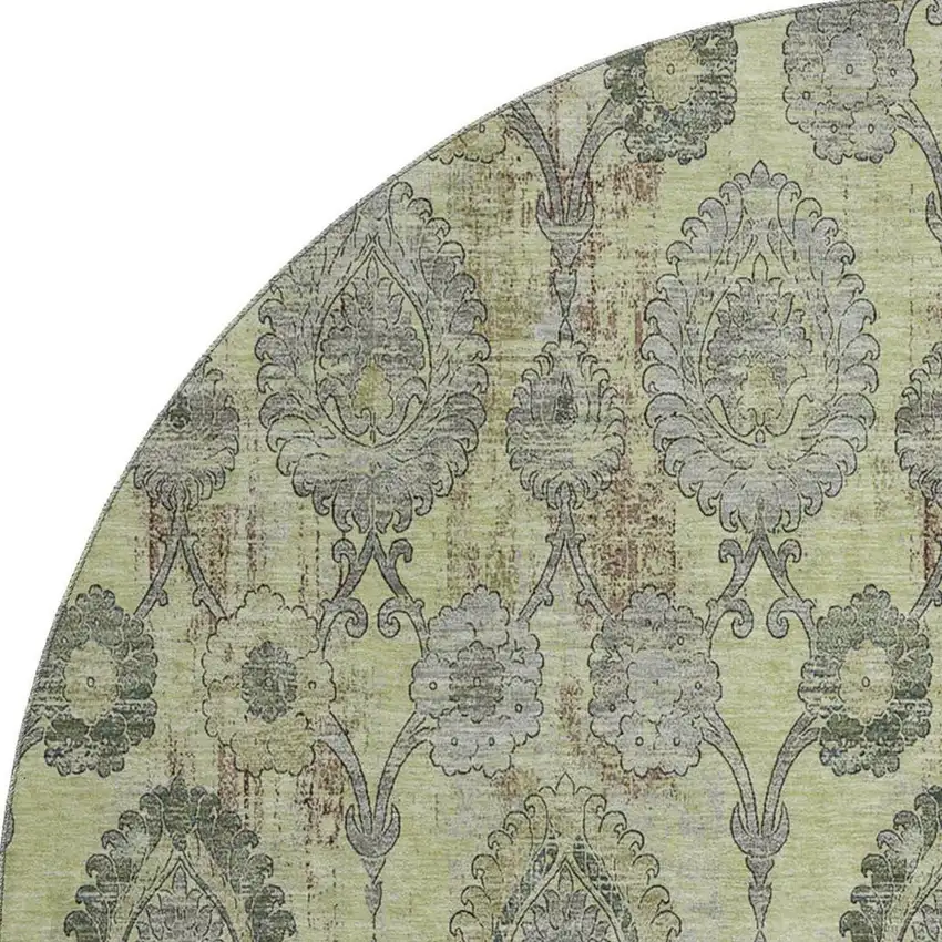 8' Artichoke Green And Gray Damask Washable Round Rug With UV Protection Photo 4