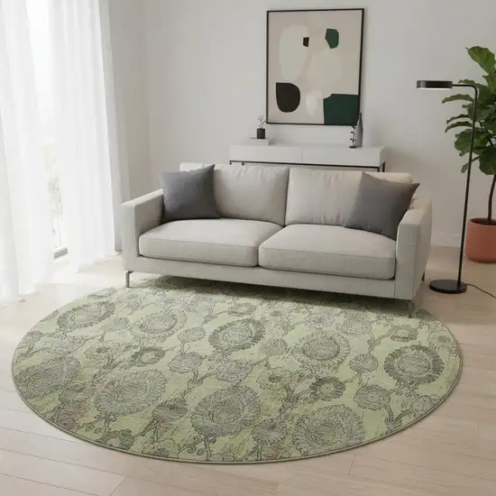 8' Artichoke Green And Gray Damask Washable Round Rug With UV Protection Photo 2