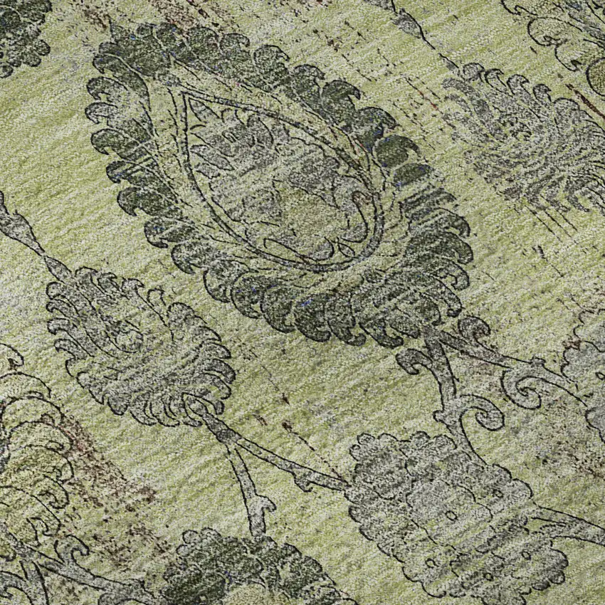 8' Artichoke Green And Gray Damask Washable Round Rug With UV Protection Photo 9