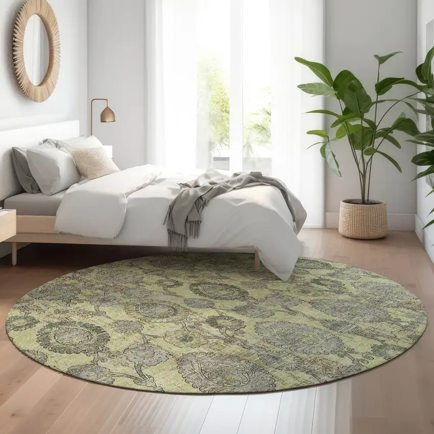 8' Artichoke Green And Gray Damask Washable Round Rug With UV Protection Photo 5