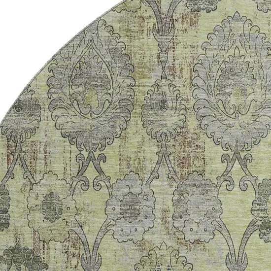 8' Artichoke Green And Gray Damask Washable Round Rug With UV Protection Photo 3