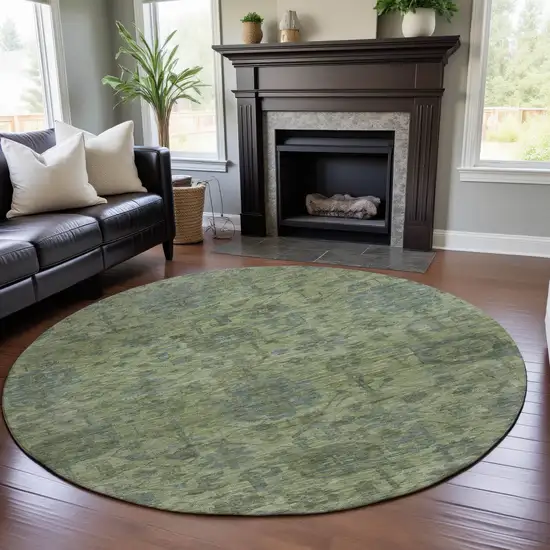 8' Artichoke Green And Gray Damask Washable Round Rug With UV Protection Photo 4