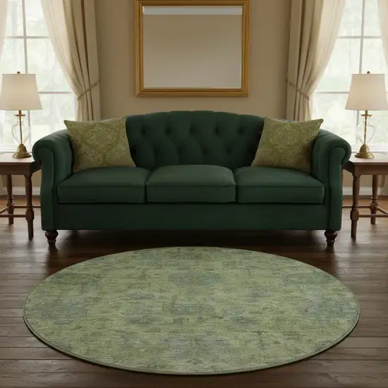 8' Artichoke Green And Gray Damask Washable Round Rug With UV Protection Photo 2