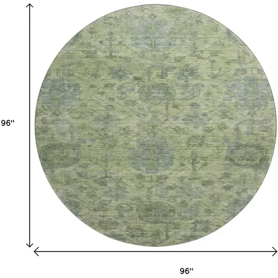 8' Artichoke Green And Gray Damask Washable Round Rug With UV Protection Photo 9