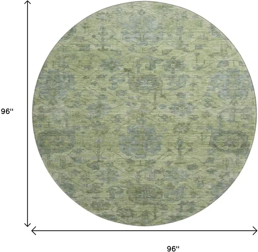 8' Artichoke Green And Gray Damask Washable Round Rug With UV Protection Photo 9