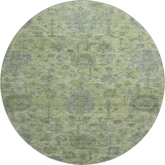 8' Artichoke Green And Gray Damask Washable Round Rug With UV Protection Photo 1