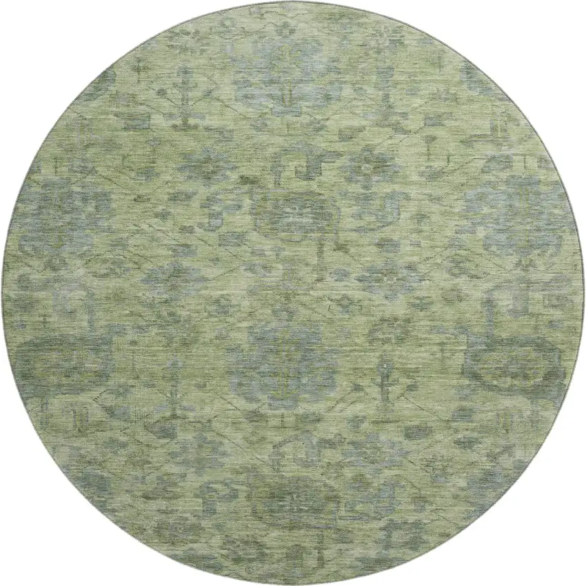 8' Artichoke Green And Gray Damask Washable Round Rug With UV Protection Photo 1
