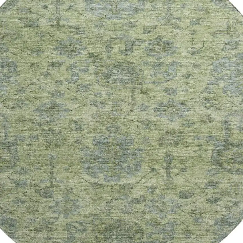 8' Artichoke Green And Gray Damask Washable Round Rug With UV Protection Photo 2