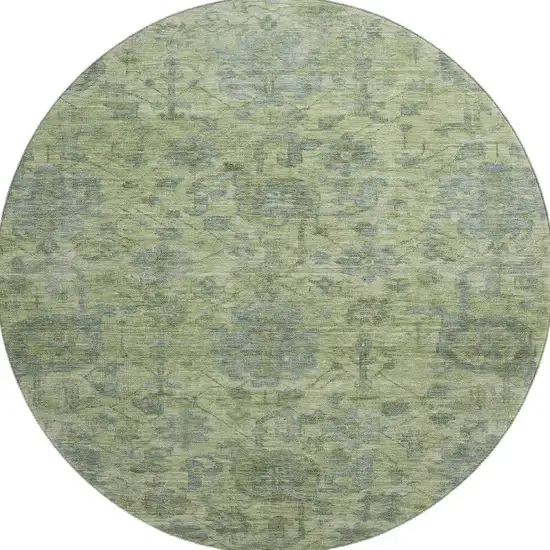 8' Artichoke Green And Gray Damask Washable Round Rug With UV Protection Photo 3