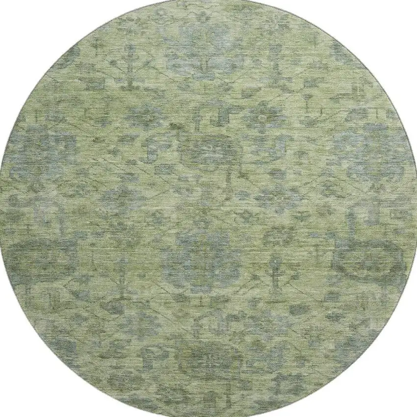 8' Artichoke Green And Gray Damask Washable Round Rug With UV Protection Photo 3