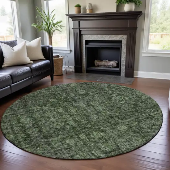 8' Artichoke Green And Gray Damask Washable Round Rug With UV Protection Photo 4