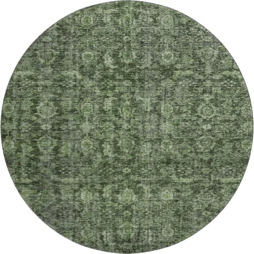 8' Artichoke Green And Gray Damask Washable Round Rug With UV Protection Photo 1