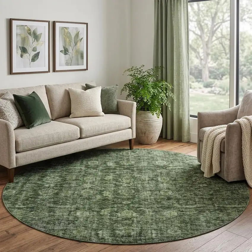 8' Artichoke Green And Gray Damask Washable Round Rug With UV Protection Photo 1