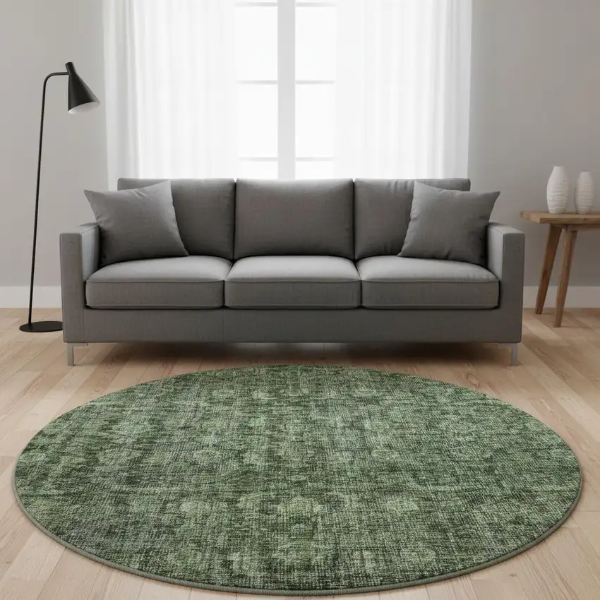 8' Artichoke Green And Gray Damask Washable Round Rug With UV Protection Photo 2
