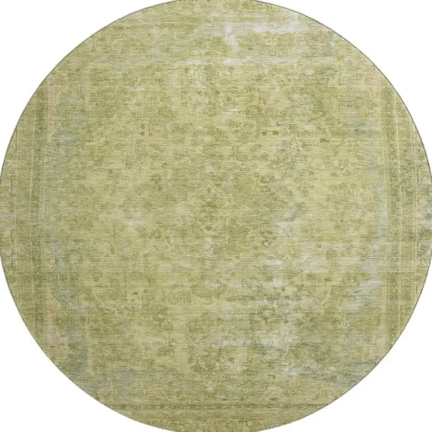 8' Artichoke Green And Gray Floral Medallion Washable Round Rug With UV Protection Photo 3