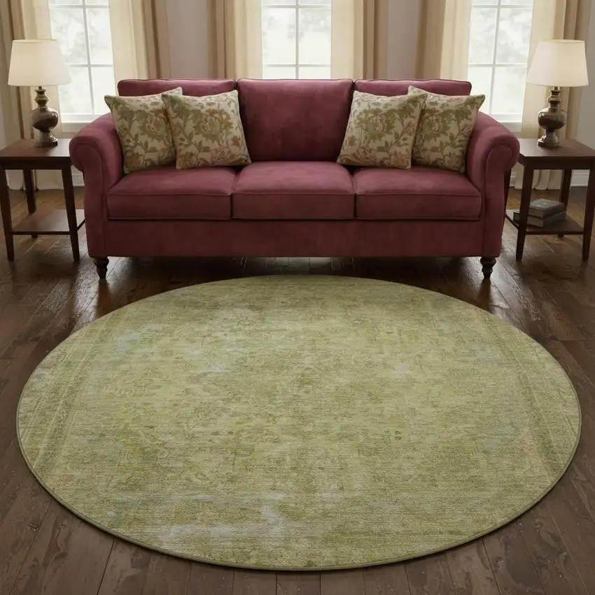 8' Artichoke Green And Gray Floral Medallion Washable Round Rug With UV Protection Photo 2