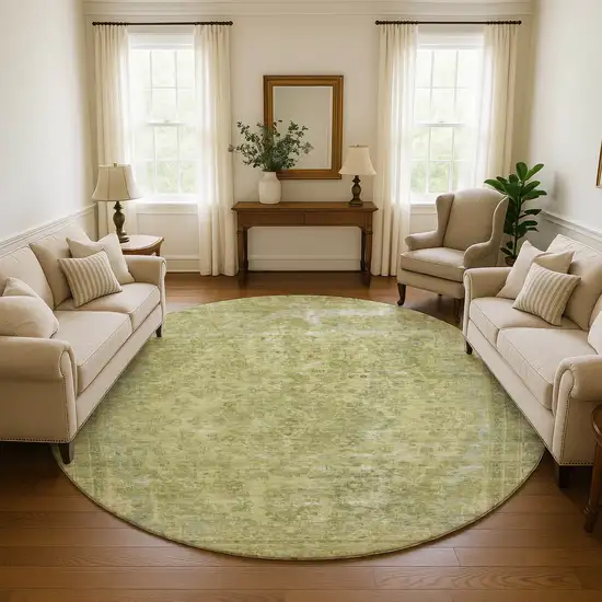 8' Artichoke Green And Gray Floral Medallion Washable Round Rug With UV Protection Photo 4