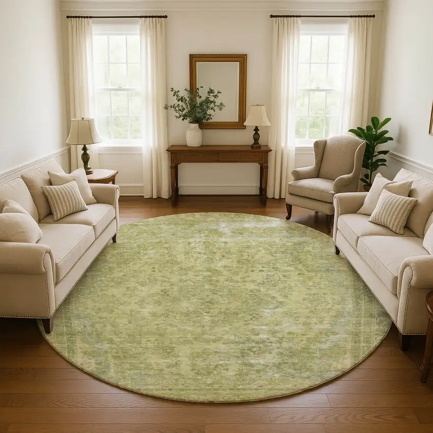 8' Artichoke Green And Gray Floral Medallion Washable Round Rug With UV Protection Photo 4