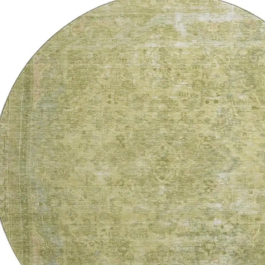 8' Artichoke Green And Gray Floral Medallion Washable Round Rug With UV Protection Photo 2