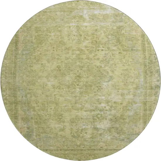 8' Artichoke Green And Gray Floral Medallion Washable Round Rug With UV Protection Photo 1
