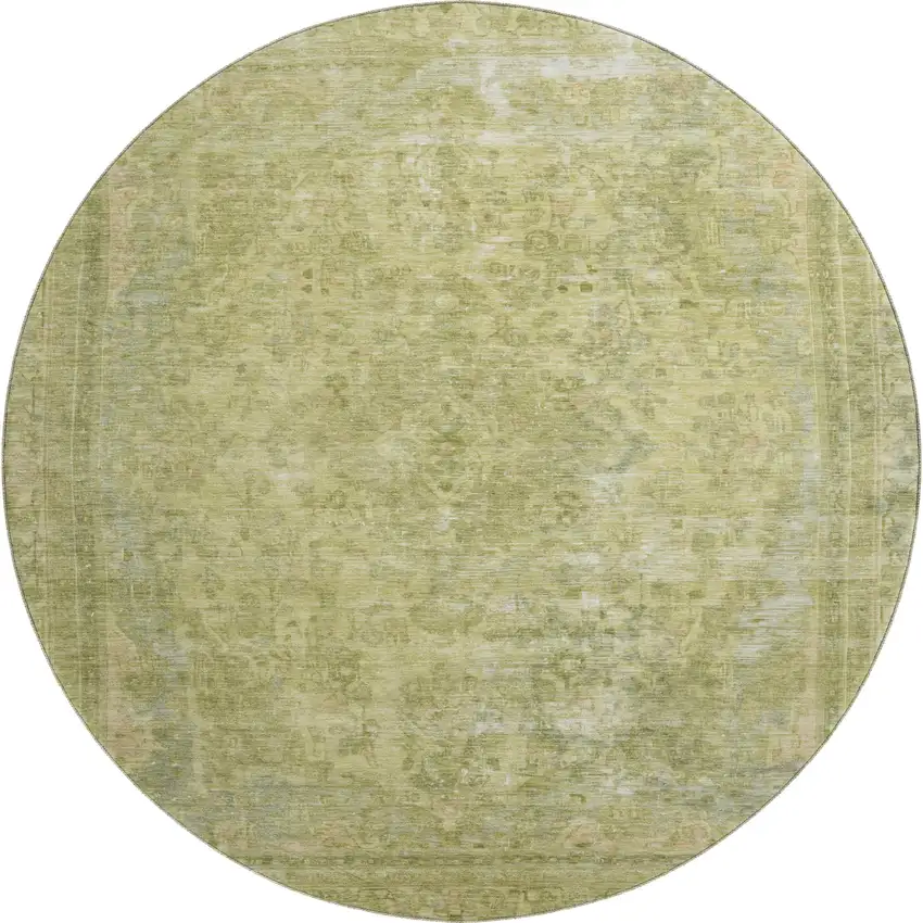 8' Artichoke Green And Gray Floral Medallion Washable Round Rug With UV Protection Photo 1