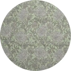 Photo of 8' Artichoke Green And Gray Floral Washable Round Rug With UV Protection