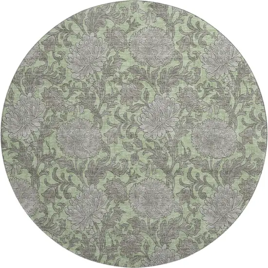 8' Artichoke Green And Gray Floral Washable Round Rug With UV Protection Photo 1
