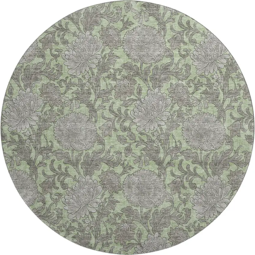 8' Artichoke Green And Gray Floral Washable Round Rug With UV Protection Photo 1