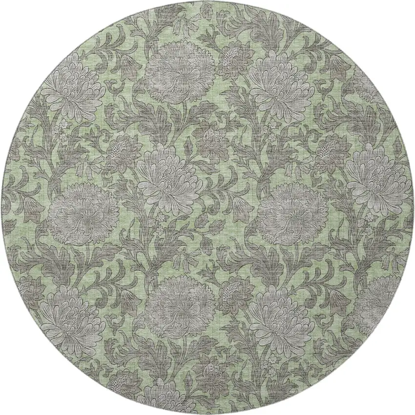 8' Artichoke Green And Gray Floral Washable Round Rug With UV Protection Photo 3