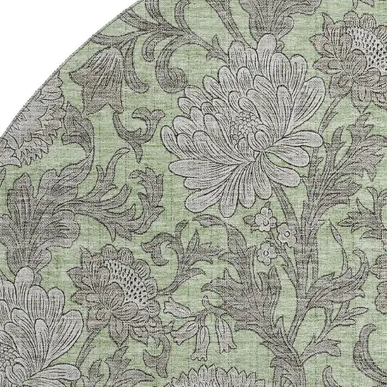 8' Artichoke Green And Gray Floral Washable Round Rug With UV Protection Photo 4