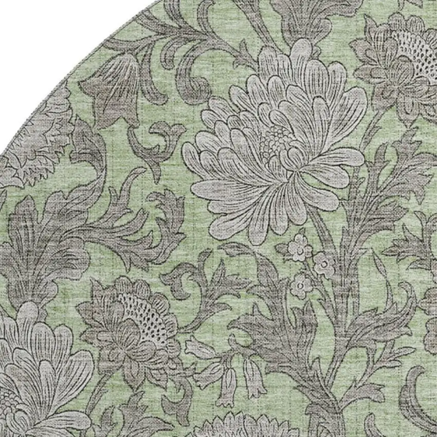 8' Artichoke Green And Gray Floral Washable Round Rug With UV Protection Photo 4