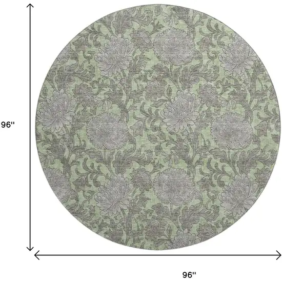 8' Artichoke Green And Gray Floral Washable Round Rug With UV Protection Photo 6