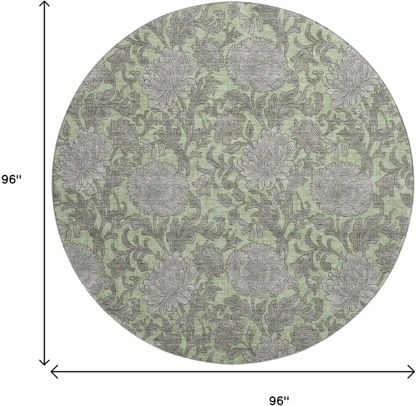 8' Artichoke Green And Gray Floral Washable Round Rug With UV Protection Photo 6