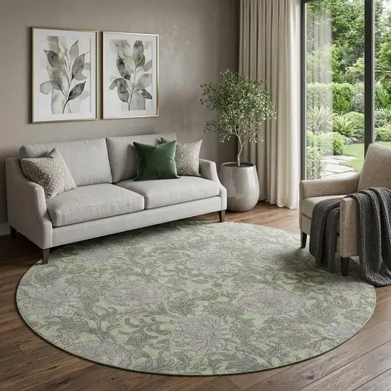 8' Artichoke Green And Gray Floral Washable Round Rug With UV Protection Photo 1
