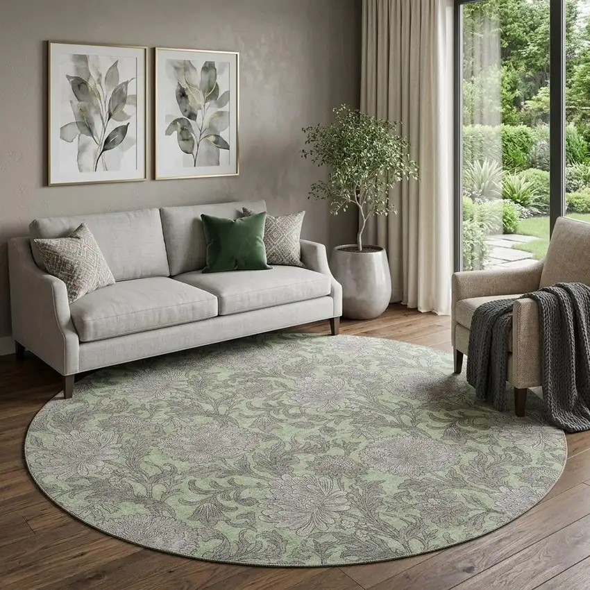 8' Artichoke Green And Gray Floral Washable Round Rug With UV Protection Photo 1