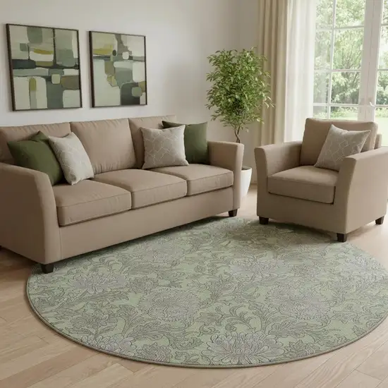8' Artichoke Green And Gray Floral Washable Round Rug With UV Protection Photo 1