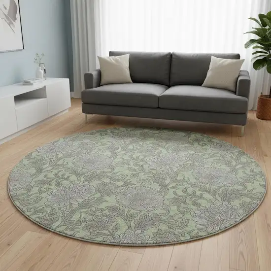8' Artichoke Green And Gray Floral Washable Round Rug With UV Protection Photo 2