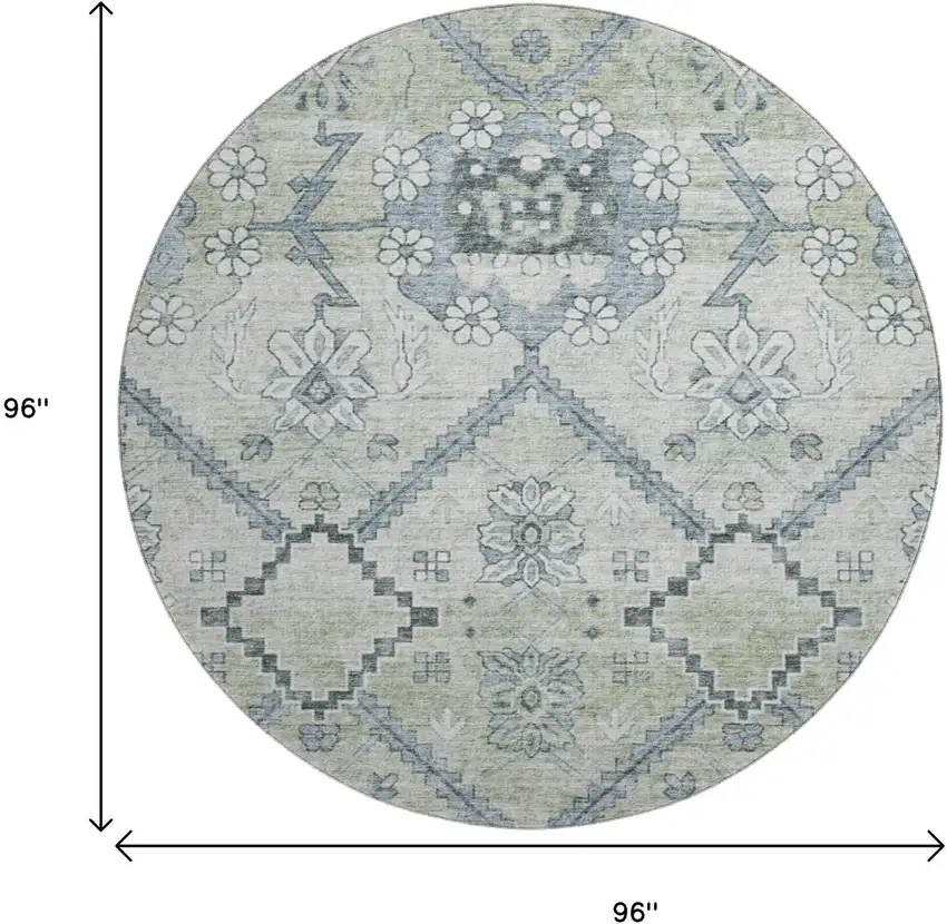 8' Artichoke Green And Gray Floral Washable Round Rug With UV Protection Photo 3