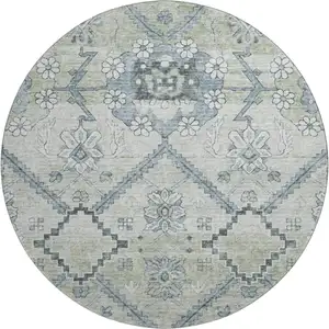 Photo of 8' Artichoke Green And Gray Floral Washable Round Rug With UV Protection