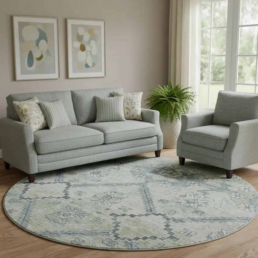 8' Artichoke Green And Gray Floral Washable Round Rug With UV Protection Photo 1