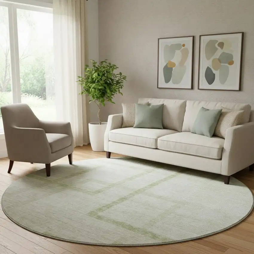 8' Artichoke Green And Gray Geometric Washable Round Rug With UV Protection Photo 1